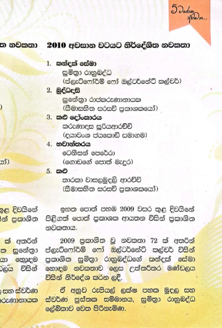 Nominees of the 2010 Swarna Pusthaka Awards